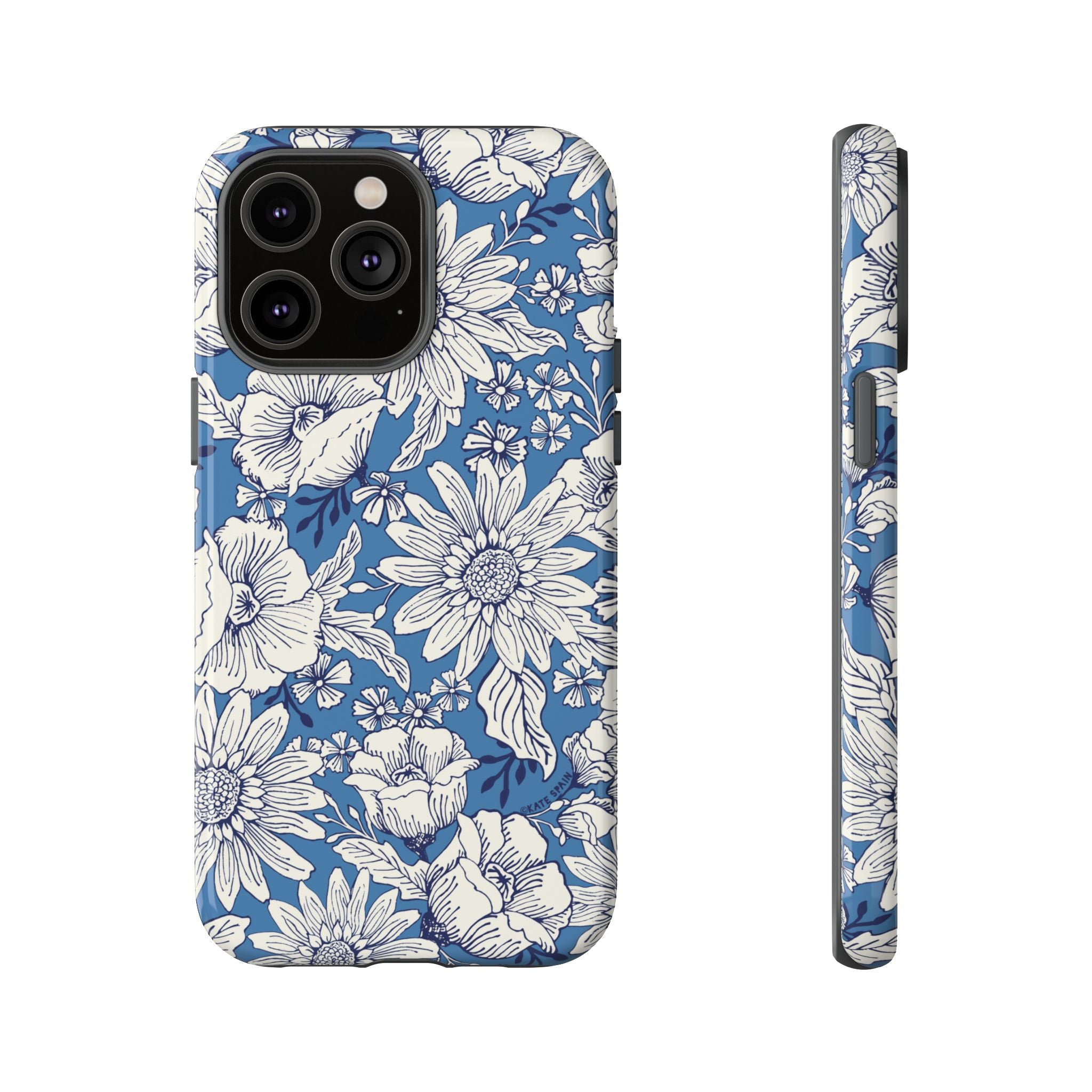 Jardin Tough iPhone 14 Pro Max Case – Glossy | blue and cream botanical garden print