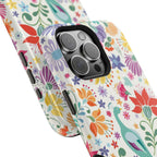 Peacock Sanctuary MagSafe iPhone 16 Pro Max Case – Glossy angled view closeup of camera cutout and buttons | ivory, teal, navy peacock botanical print MagSafe compatible, dual-layer protection