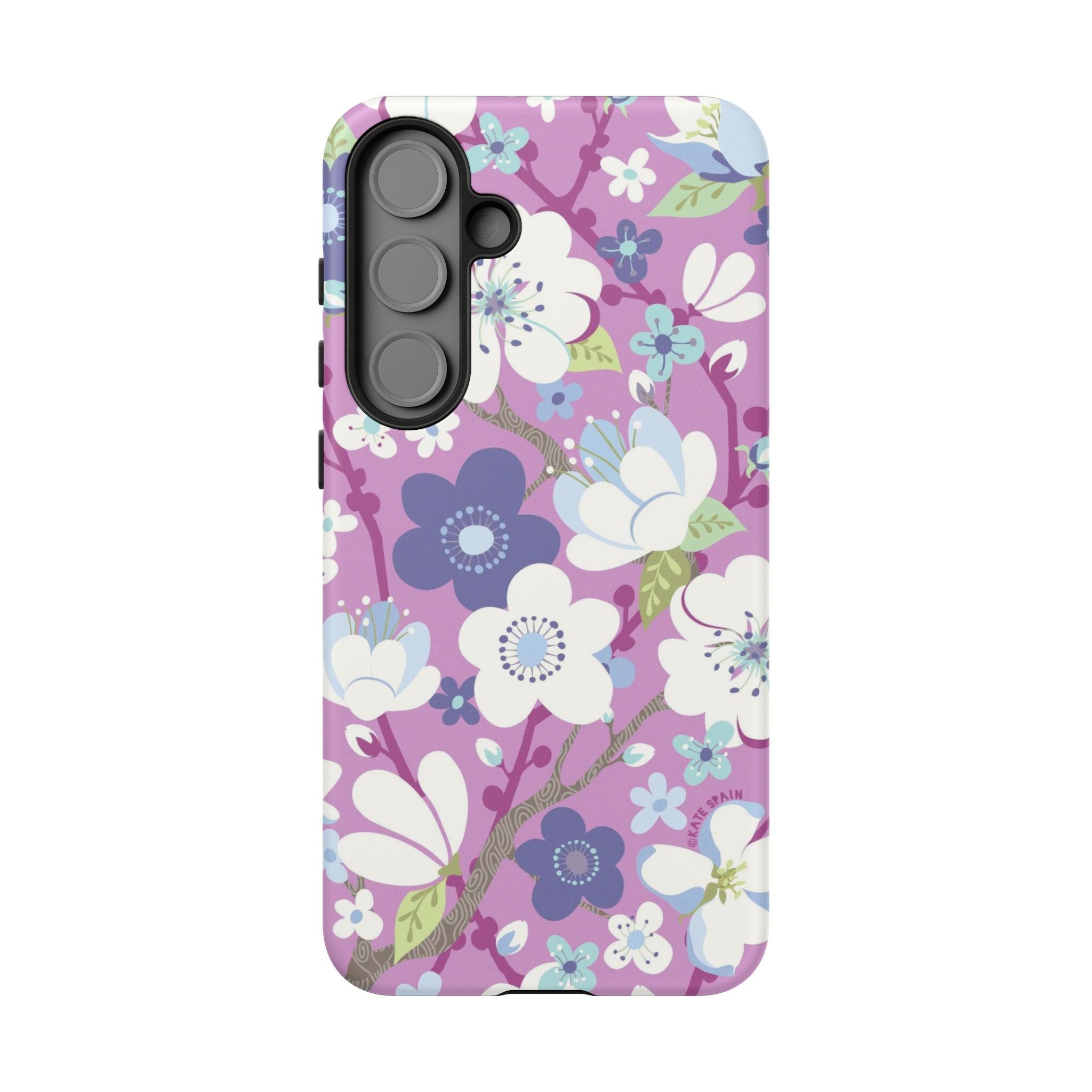 Cherry Blossom Samsung Galaxy S25 Plus Case – Matte | mauve, white, periwinkle cherry blossom floral print