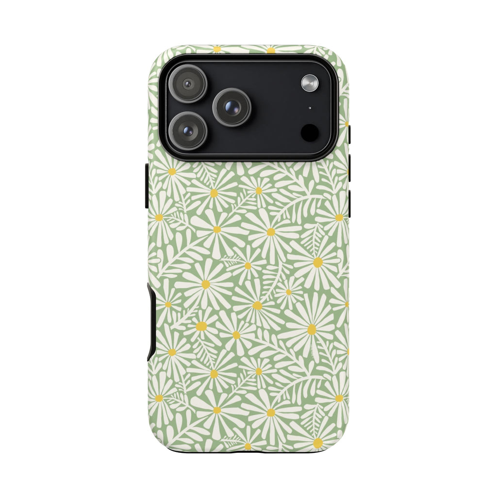 Montauk Daisy Meadow Green iPhone 17 Pro Case – Matte | sage green, white graphic daisy and fern print, golden yellow centers | dual-layer protection