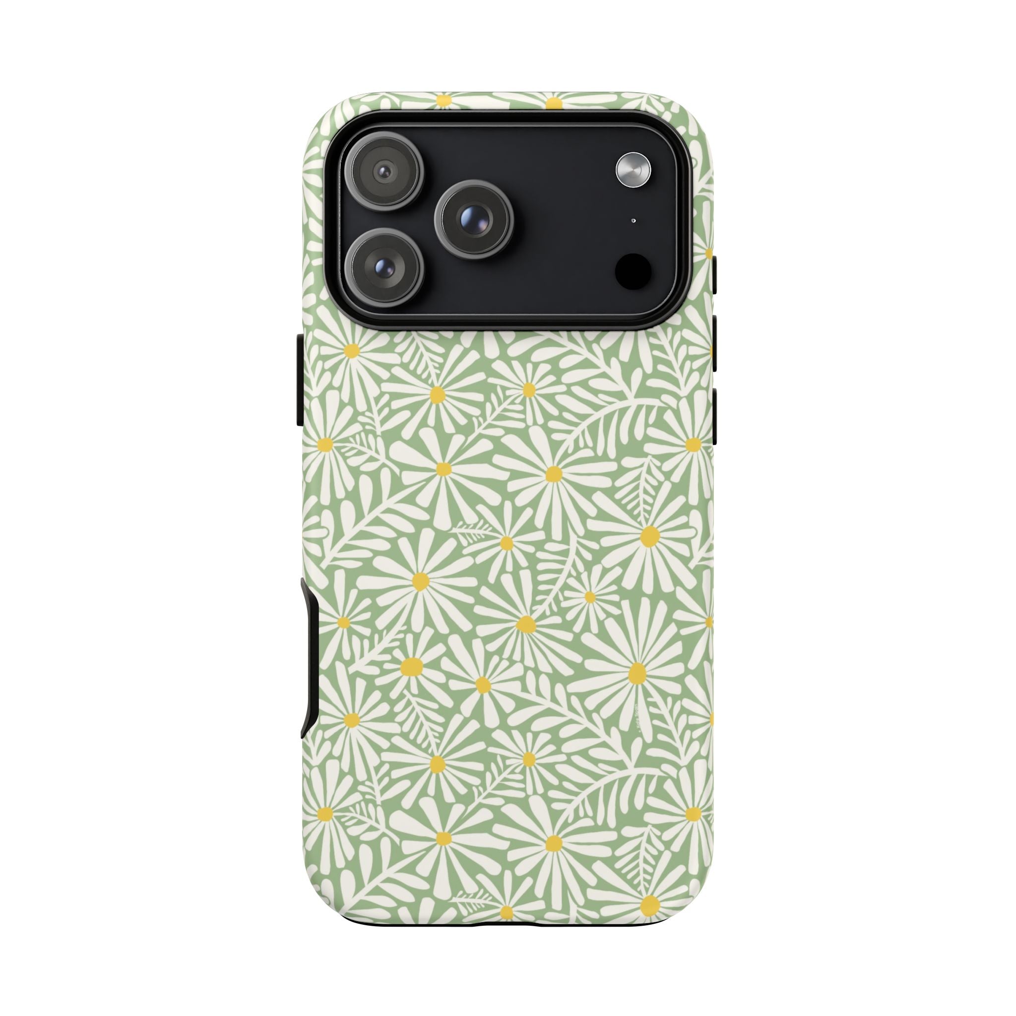 Montauk Daisy Meadow Green iPhone 17 Pro Case – Matte | sage green, white graphic daisy and fern print, golden yellow centers | dual-layer protection
