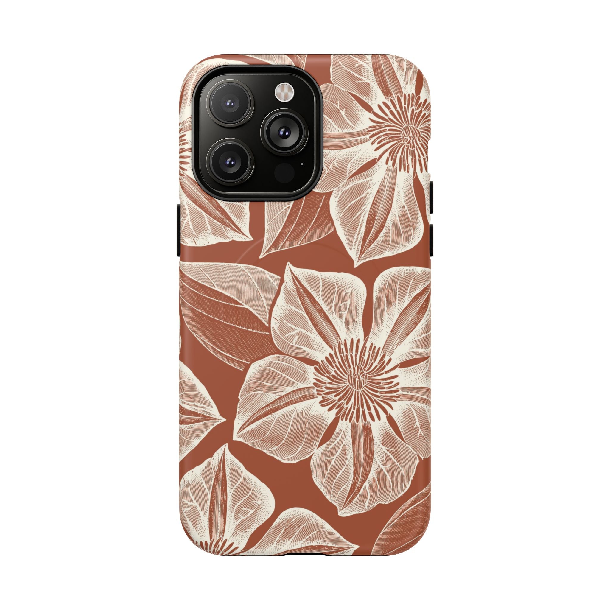 Vintage Bloom Sienna MagSafe iPhone 14 Pro Max – Matte | sienna ground, large-scale cream clematis print, engraved petal detail, dual-layer protection