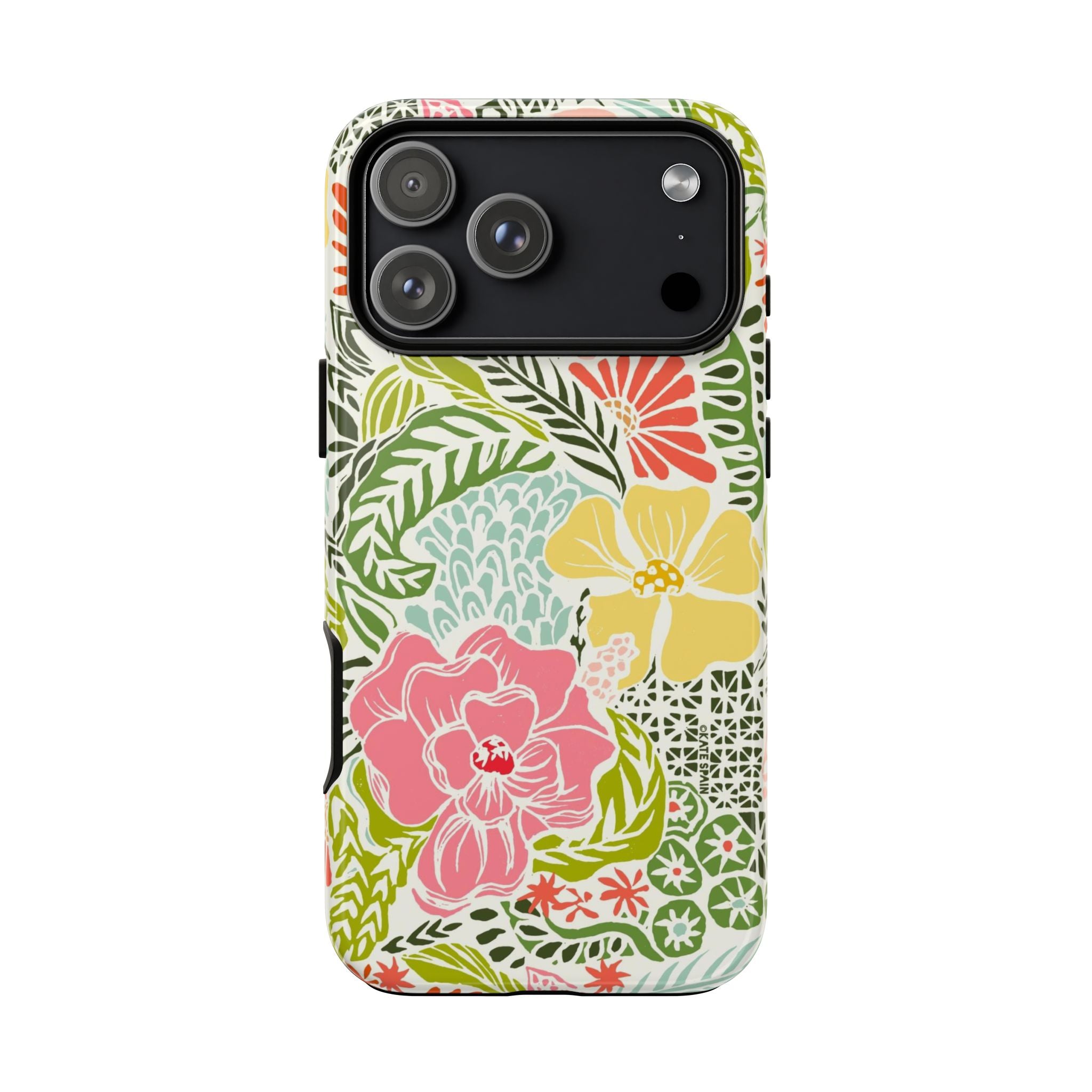 Tropica Tough iPhone 17 Pro Max Case – Glossy | cream, pink, yellow, blue botanical floral print