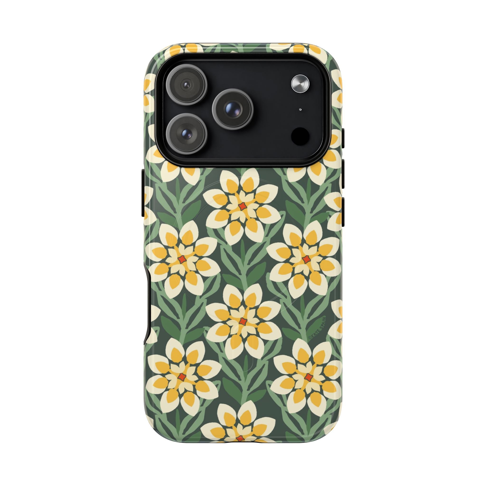 Designer Modern Dahlia MagSafe iPhone 16 Pro Case – Glossy | yellow, cream, green dahlia floral print