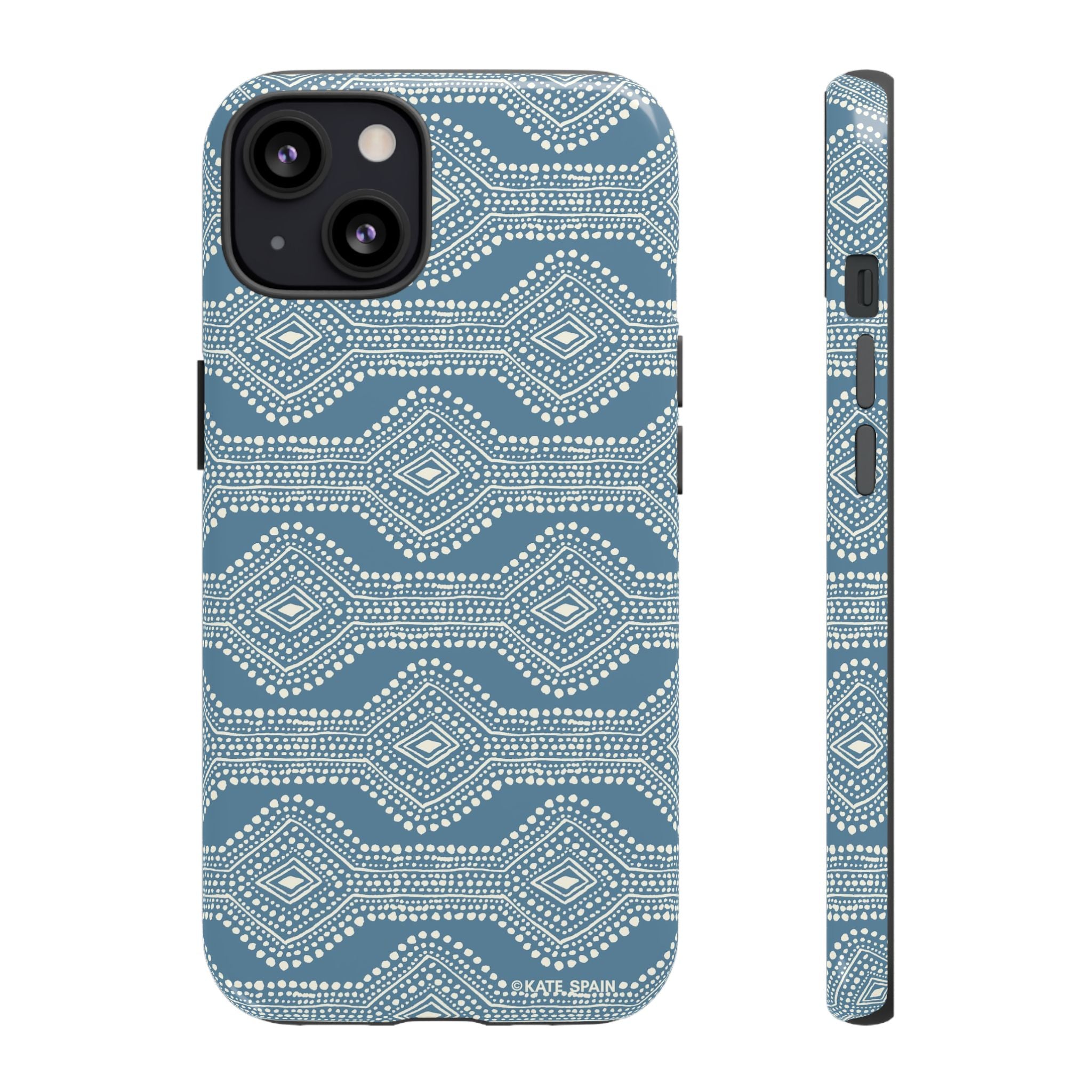 Diamond Dots Tough iPhone 13 Case – Matte | steel blue, white diamond dot geometric print