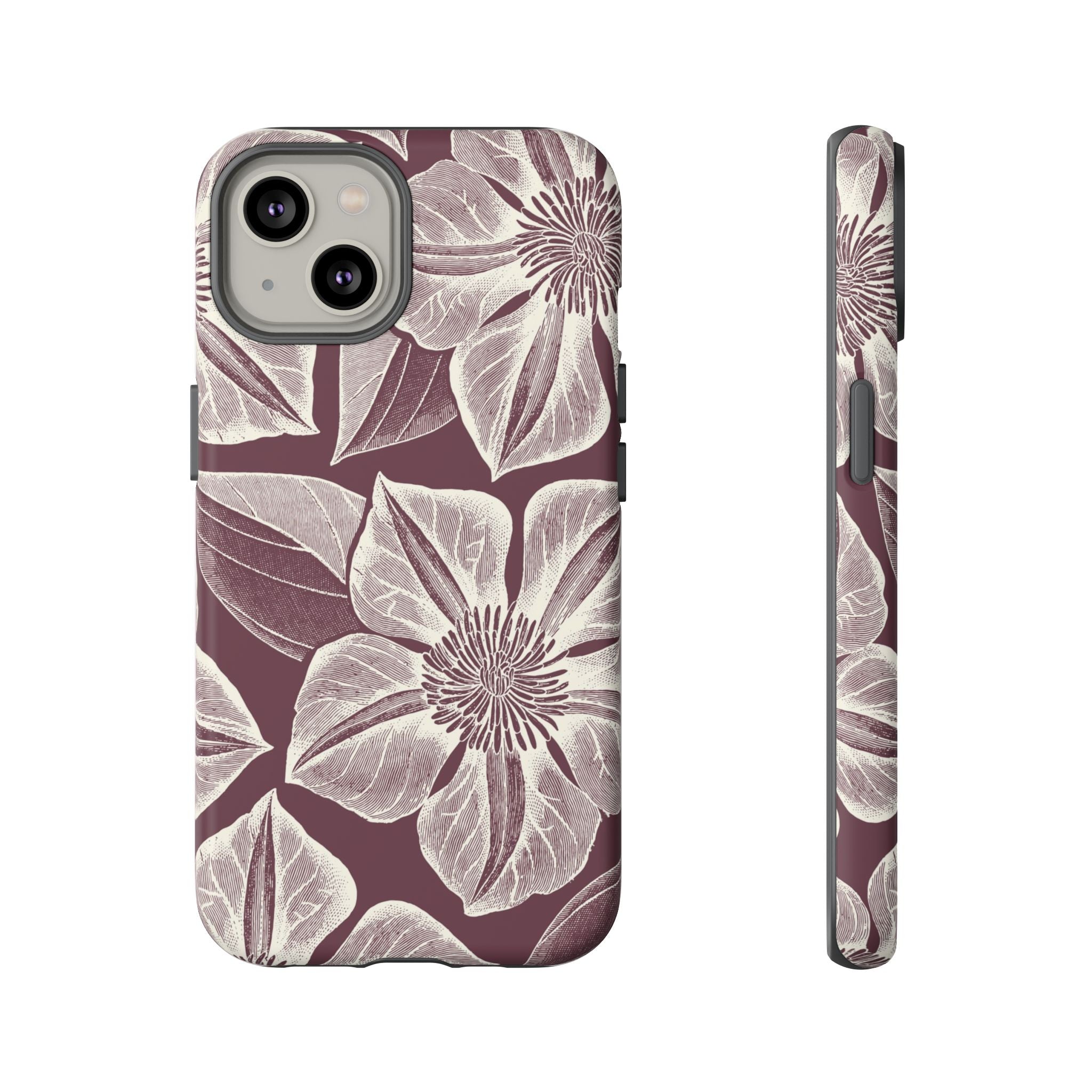 Vintage Bloom Burgundy iPhone 14 case – Matte | burgundy ground, large-scale cream clematis print, engraved petal detail, dual-layer protection