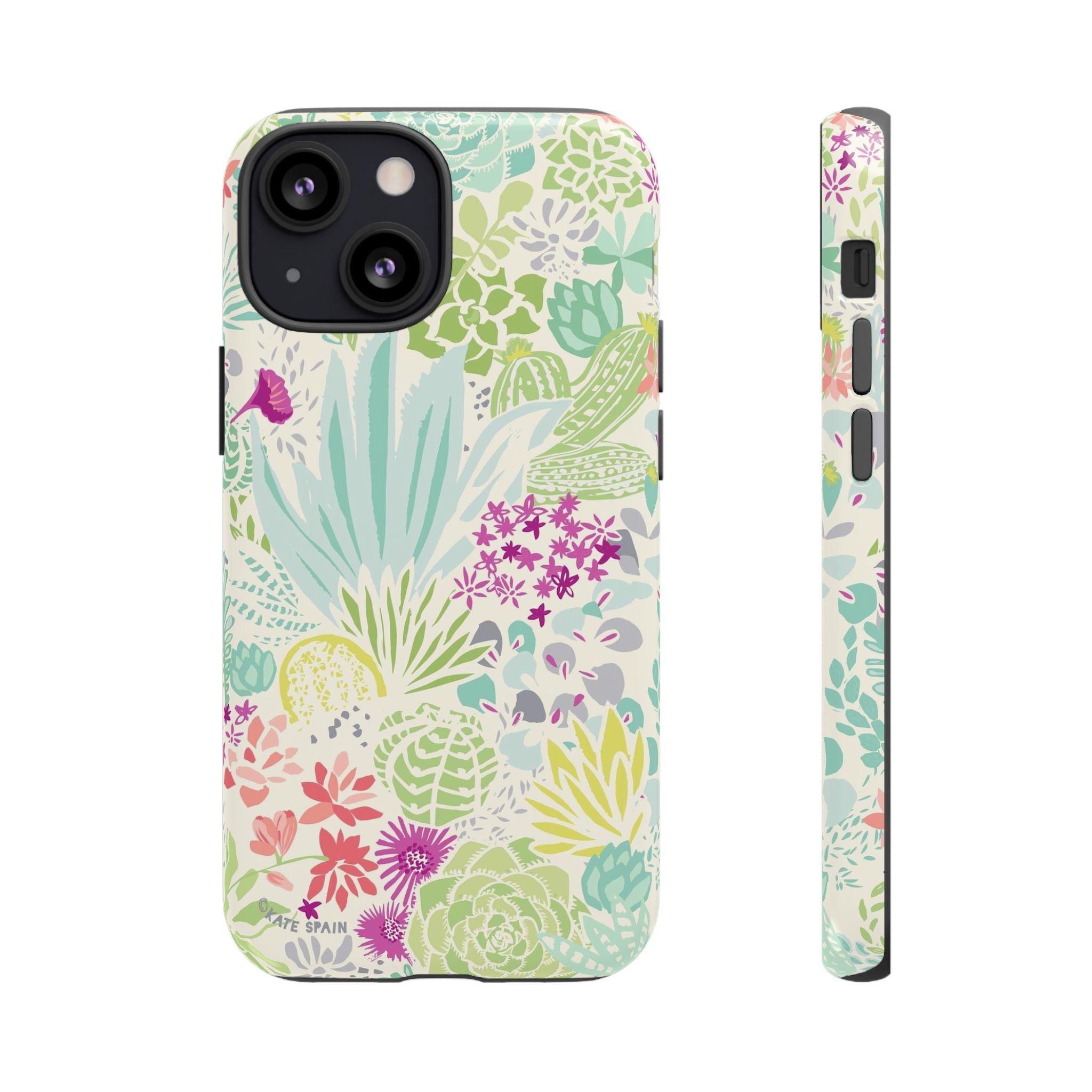 Canyon Tough iPhone 13 Mini Case – Glossy | cream, sage, aqua, mauve, fuschia botanical succulent print
