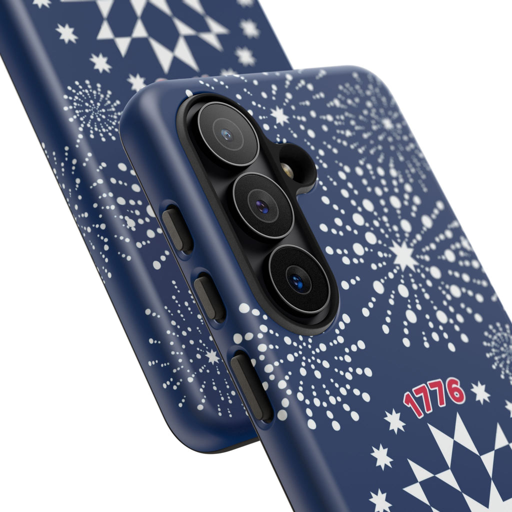 250th Fireworks Samsung Galaxy S26 Case Matte -- side view of buttons and camera cut-out in case in navy, white patriotic star quilt fireworks print