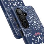 250th Fireworks Samsung Galaxy S26 Case Matte -- side view of buttons and camera cut-out in case in navy, white patriotic star quilt fireworks print