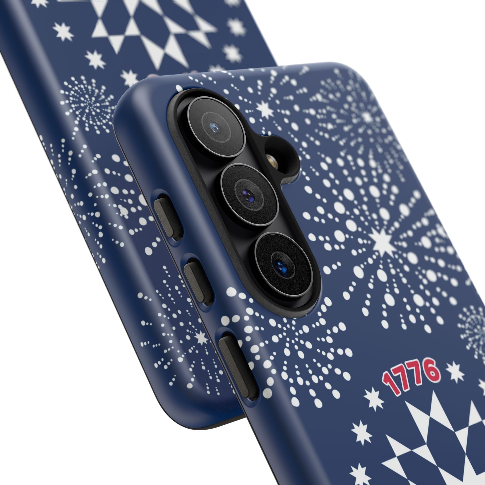 250th Fireworks Samsung Galaxy S26 Case Matte -- side view of buttons and camera cut-out in case in navy, white patriotic star quilt fireworks print