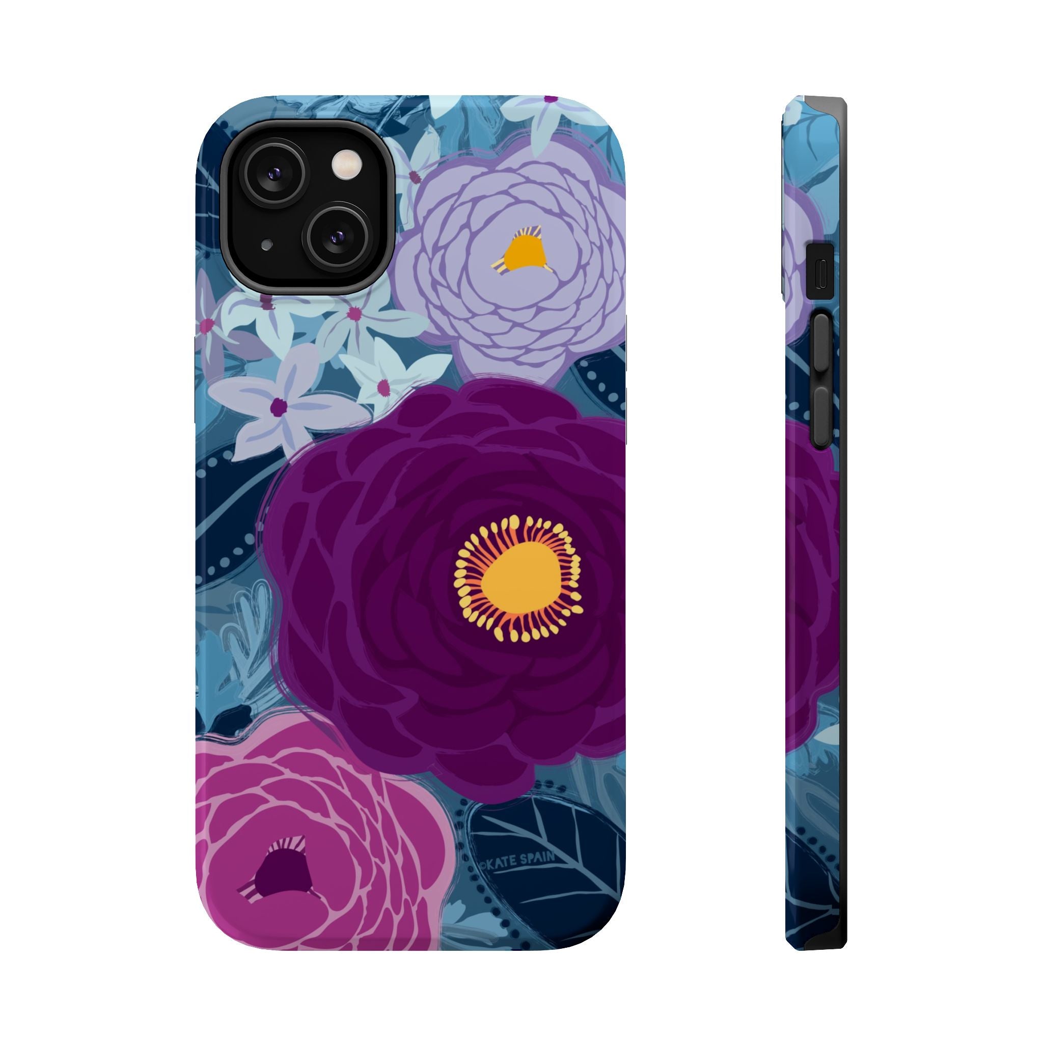 Bloomerie MagSafe iPhone 14 Plus Case – Glossy | navy, purple, magenta botanical peony floral print
