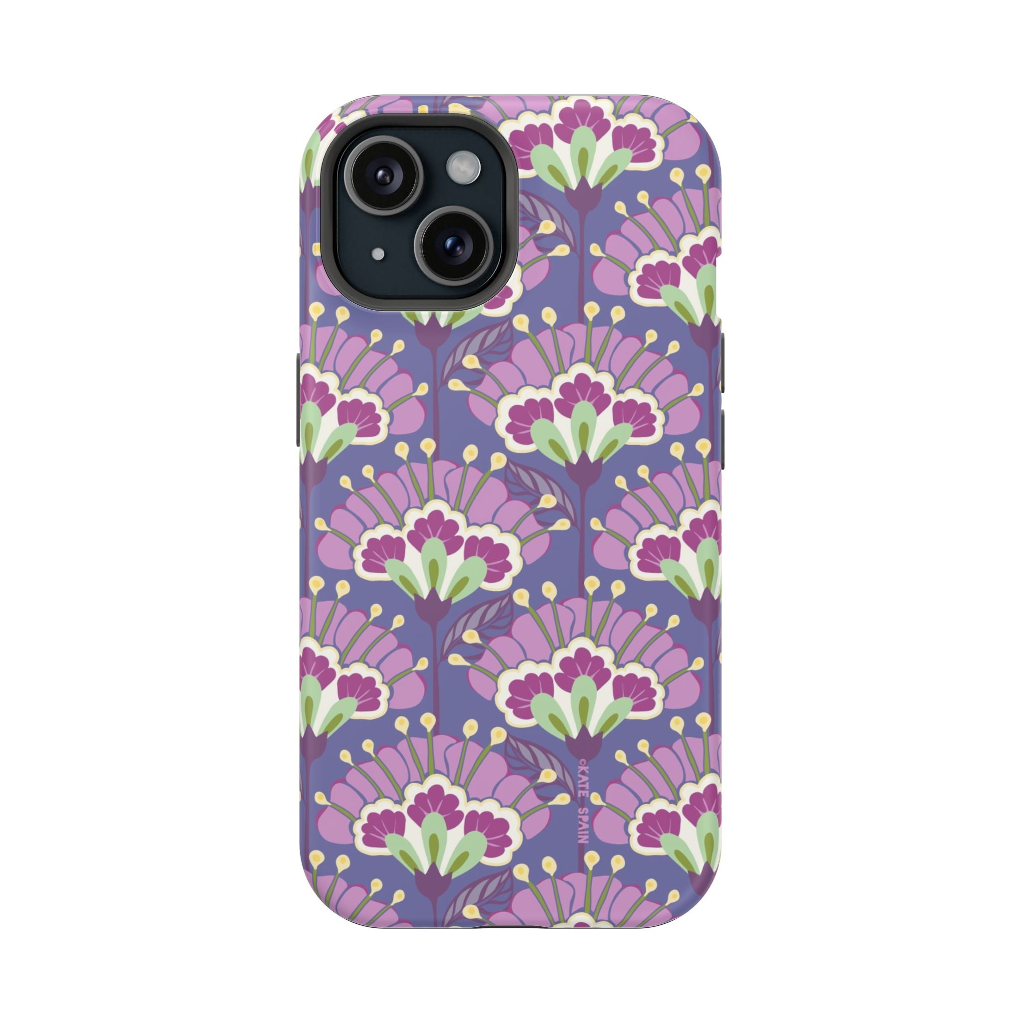 Lantern Flower MagSafe iPhone 15 Case – Matte | periwinkle, purple, mauve, sage botanical lantern floral print MagSafe compatible, dual-layer protection