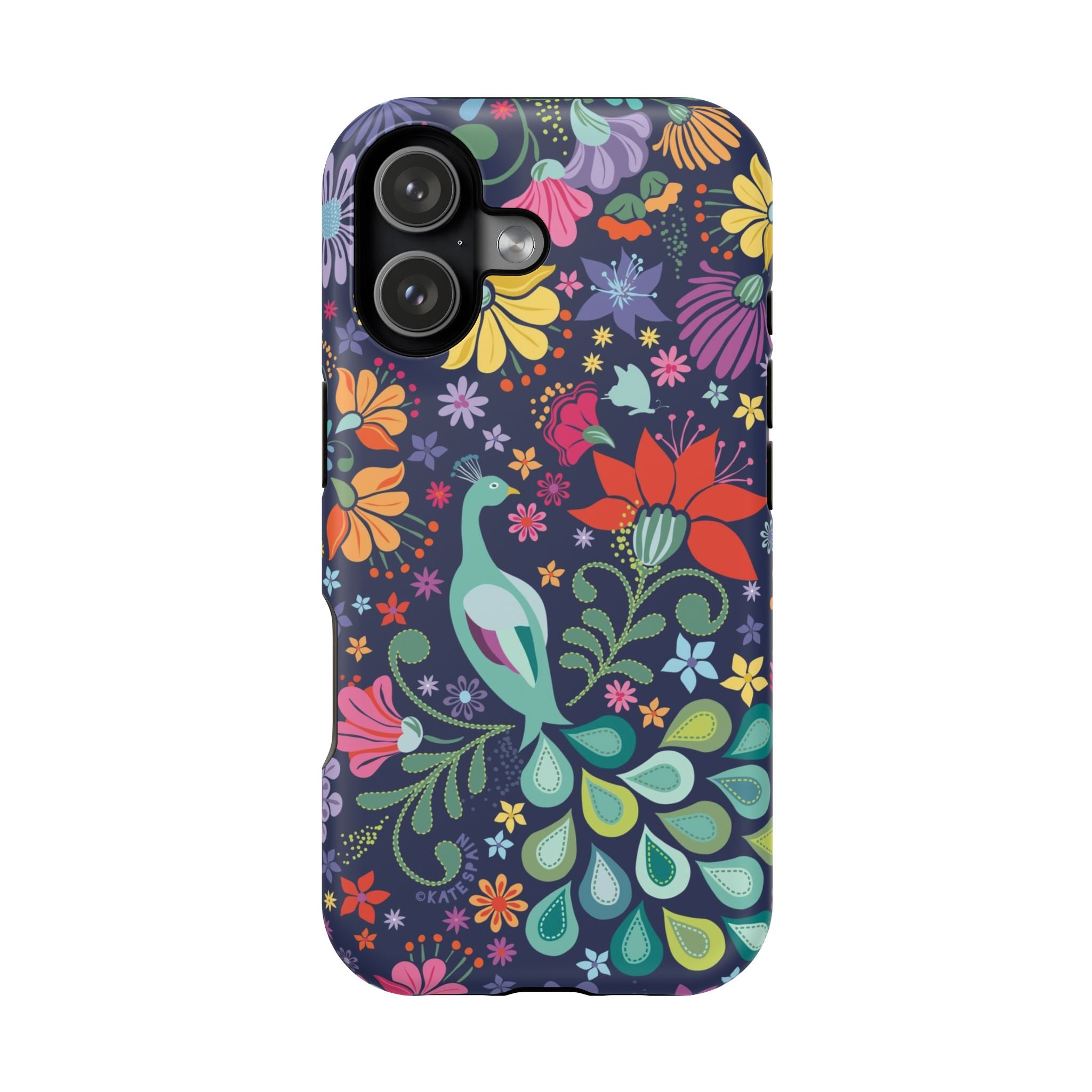 Peacock Sanctuary MagSafe iPhone 17 Case – Matte | navy, teal, ivory peacock botanical print MagSafe compatible, dual-layer protection