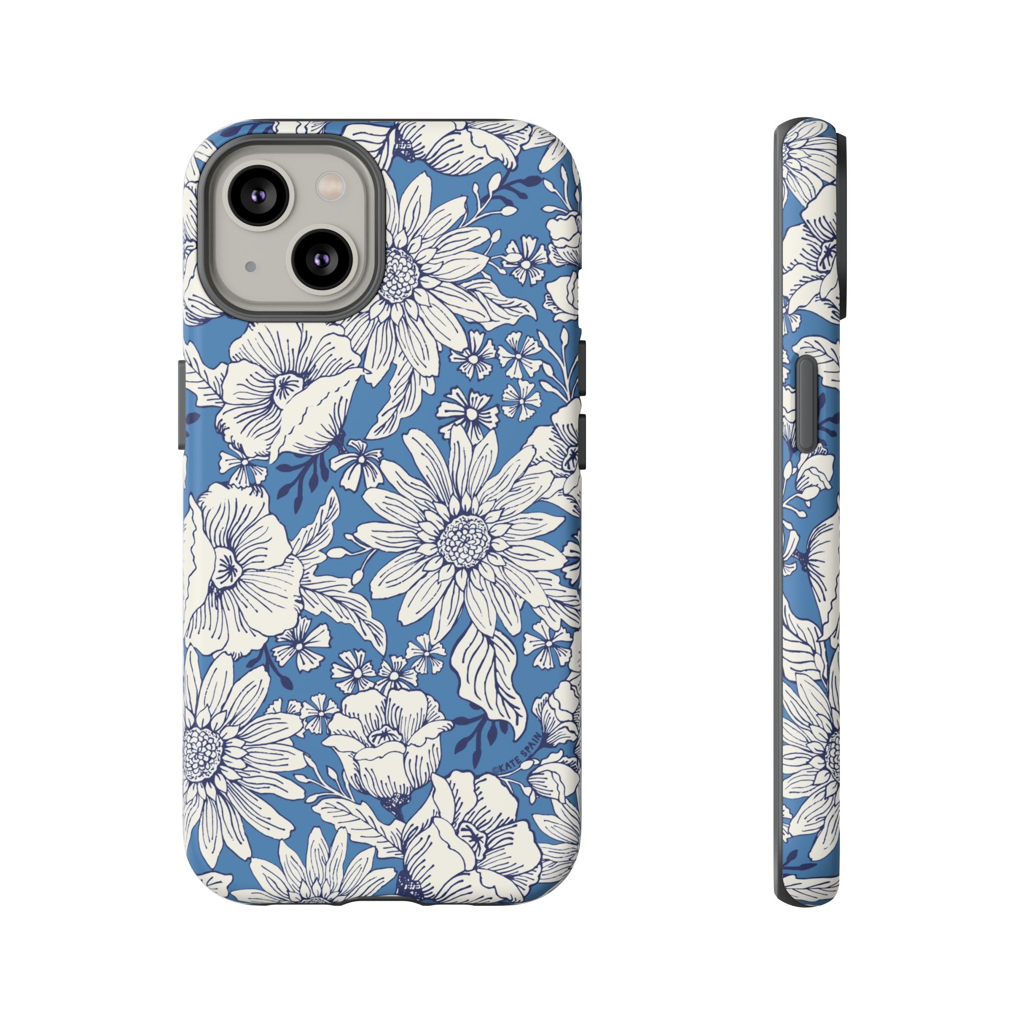 Jardin Tough iPhone 14 Case – Matte | blue and cream botanical garden print