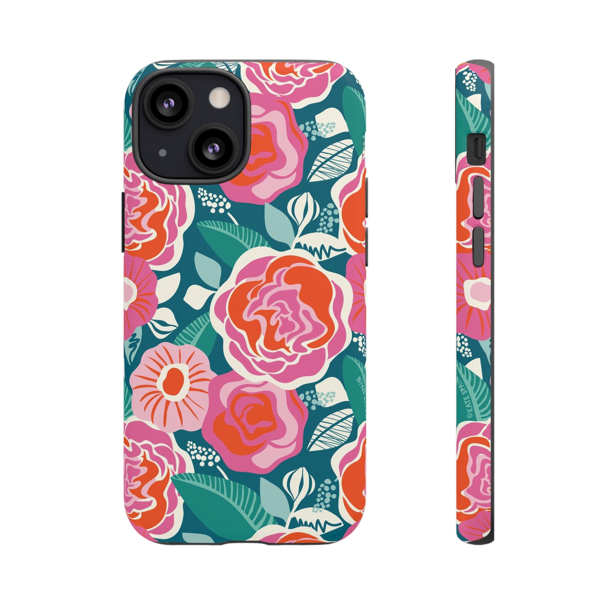 Tea Rose Teal Tough iPhone 13 Mini Case – Matte | teal, coral, pink botanical rose floral print