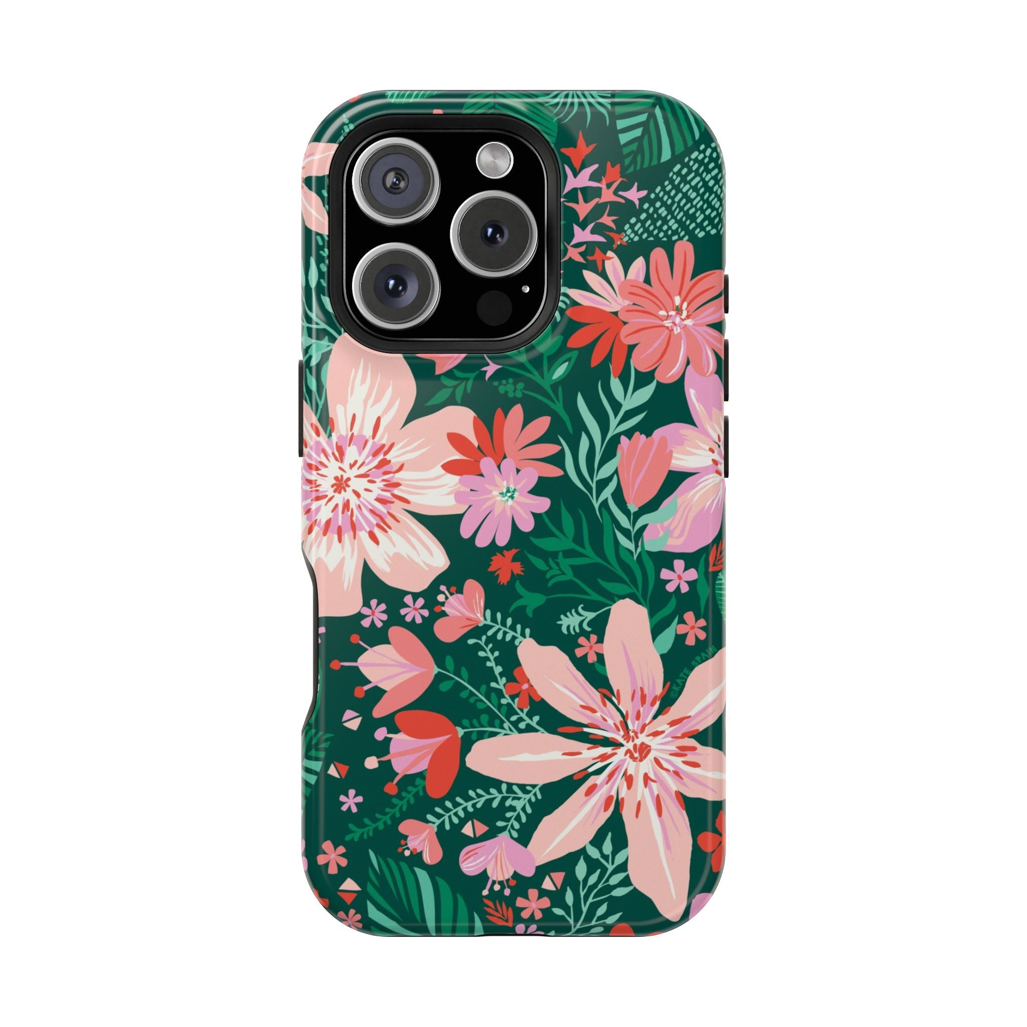 Bonaire MagSafe iPhone 16 Pro Max Case – Glossy | forest green, blush, coral tropical floral print