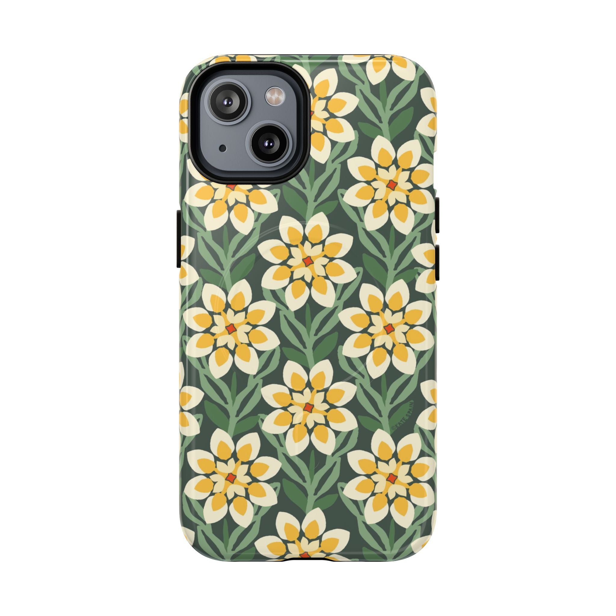Designer Modern Dahlia MagSafe iPhone 14 Case – Glossy | yellow, cream, green dahlia floral print