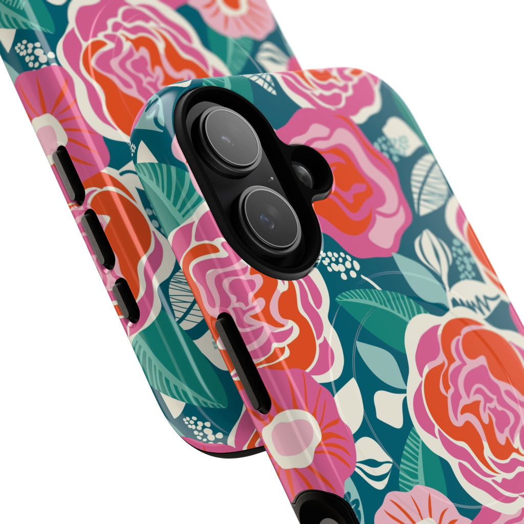 Luxury Tea Rose Teal MagSafe iPhone 17 Case – Glossy | angled view of side buttons and camera cut out in case in teal, coral, pink botanical rose floral print