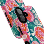 Luxury Tea Rose Teal MagSafe iPhone 17 Case – Glossy | angled view of side buttons and camera cut out in case in teal, coral, pink botanical rose floral print