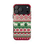 Telemark Tough iPhone 17 Pro Max Case – Glossy | red, green, cream fair isle reindeer Nordic print