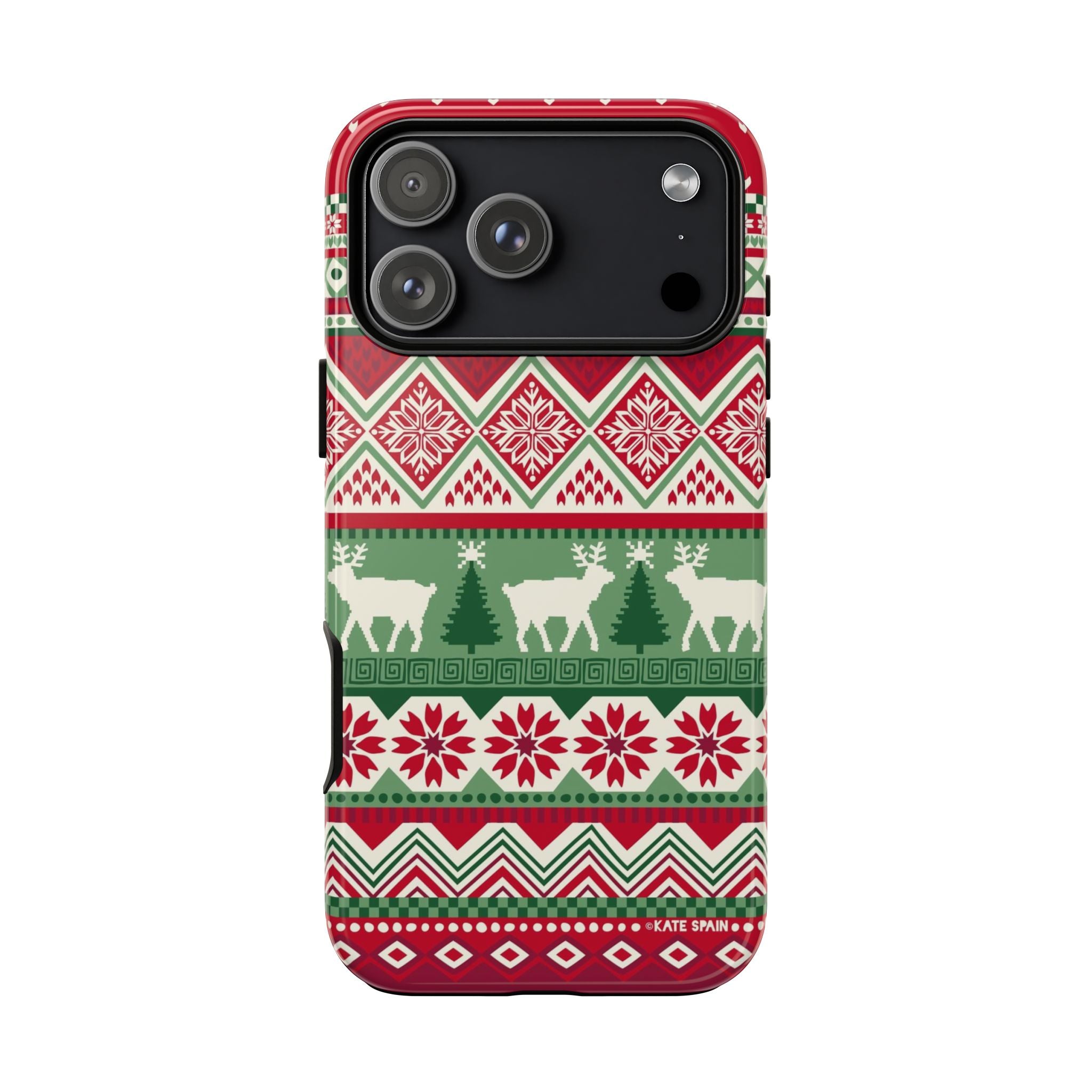 Telemark Tough iPhone 17 Pro Max Case – Glossy | red, green, cream fair isle reindeer Nordic print