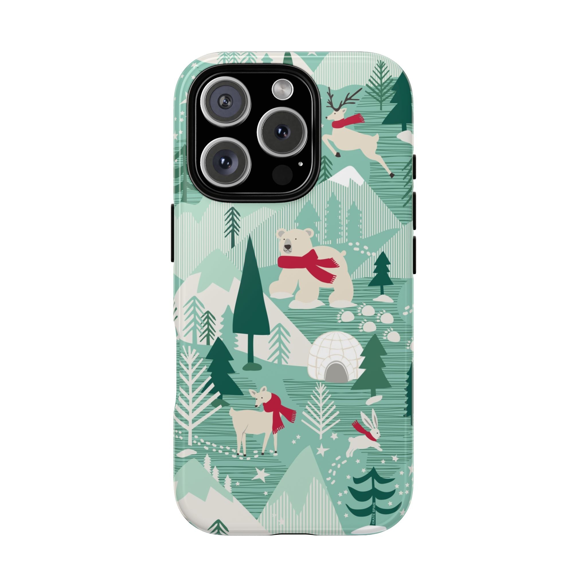 Arctica Winter Tough iPhone 16 Pro Case – Glossy | aqua, evergreen, white, animal frolic winter wonderland print