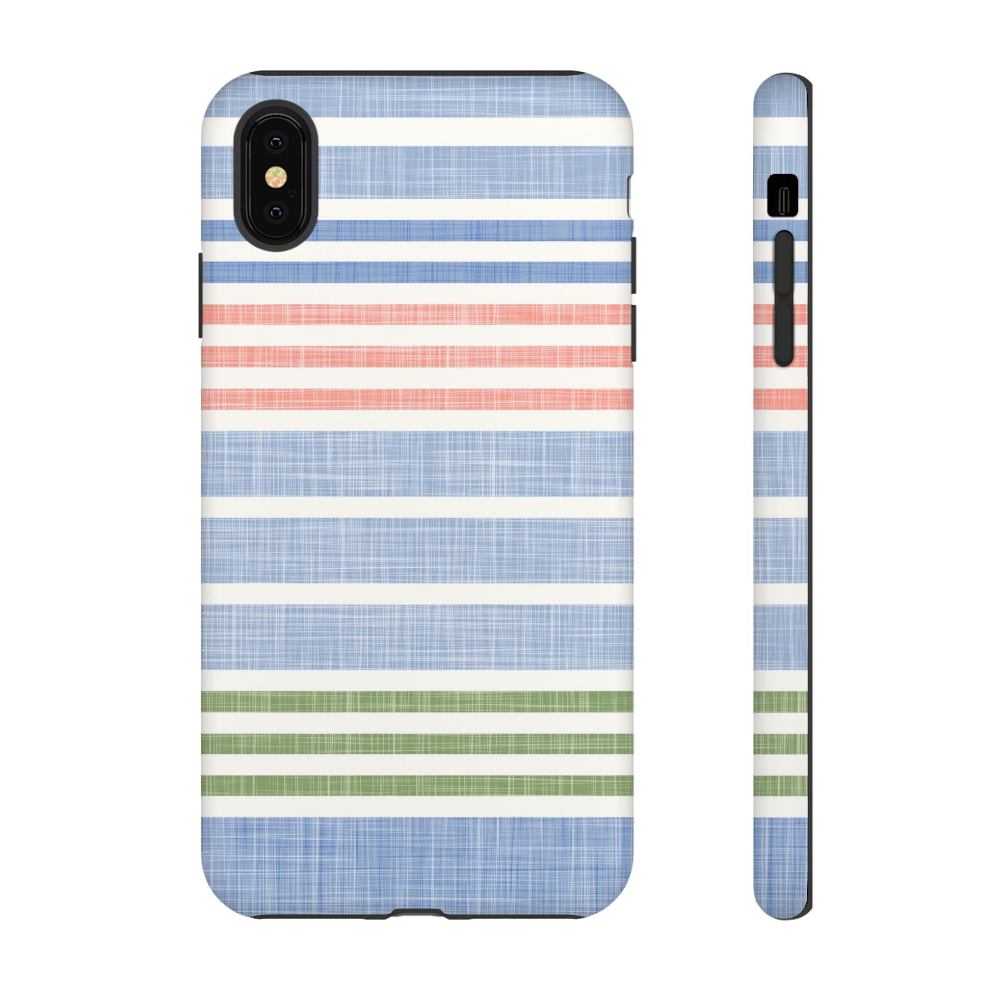 Cabana Stripe Pastel Tough iPhone XS Max Case – Matte | soft blue, coral, sage green chambray-textured stripe print dual-layer protection