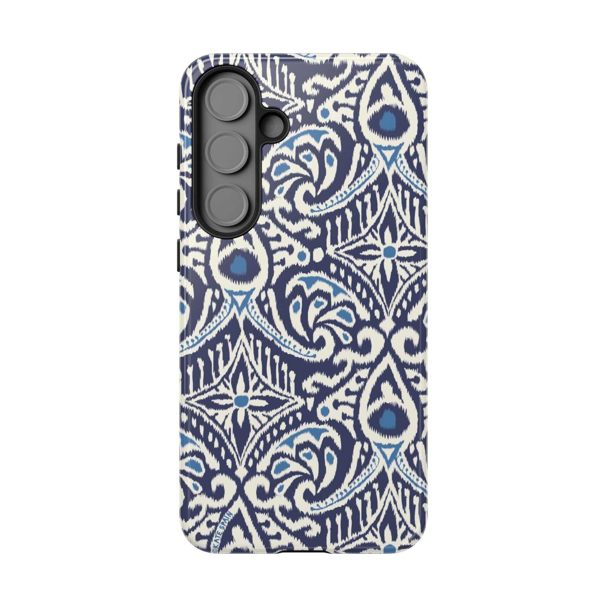 Luxury Ikat Samsung Galaxy S25 Plus Case – Glossy | navy, white, aqua ikat geometric medallion print