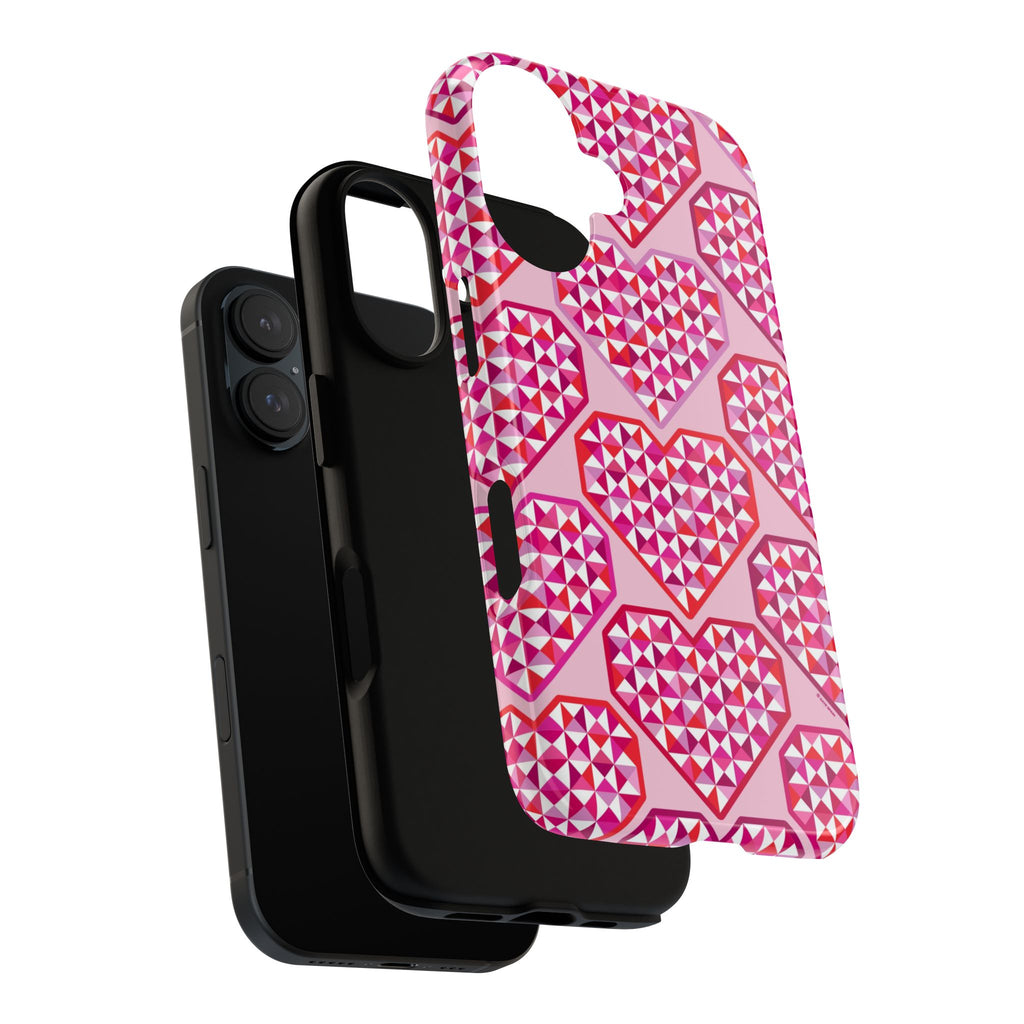 Pink Pyramid Heart Tough iPhone Case – lifestyle angled view | blush, pink, magenta, red geometric pyramid heart print