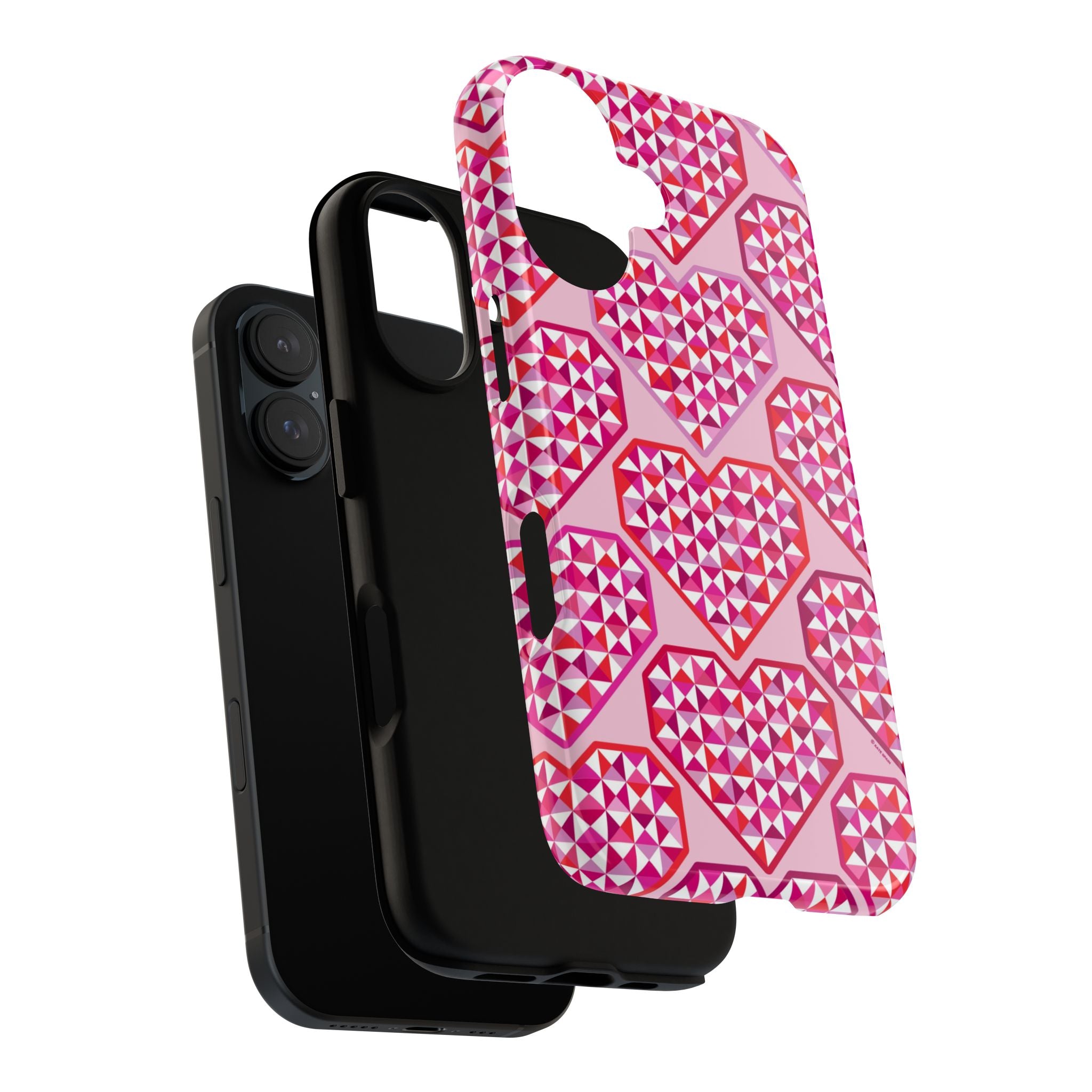 Pink Pyramid Heart Tough iPhone Case – lifestyle angled view | blush, pink, magenta, red geometric pyramid heart print