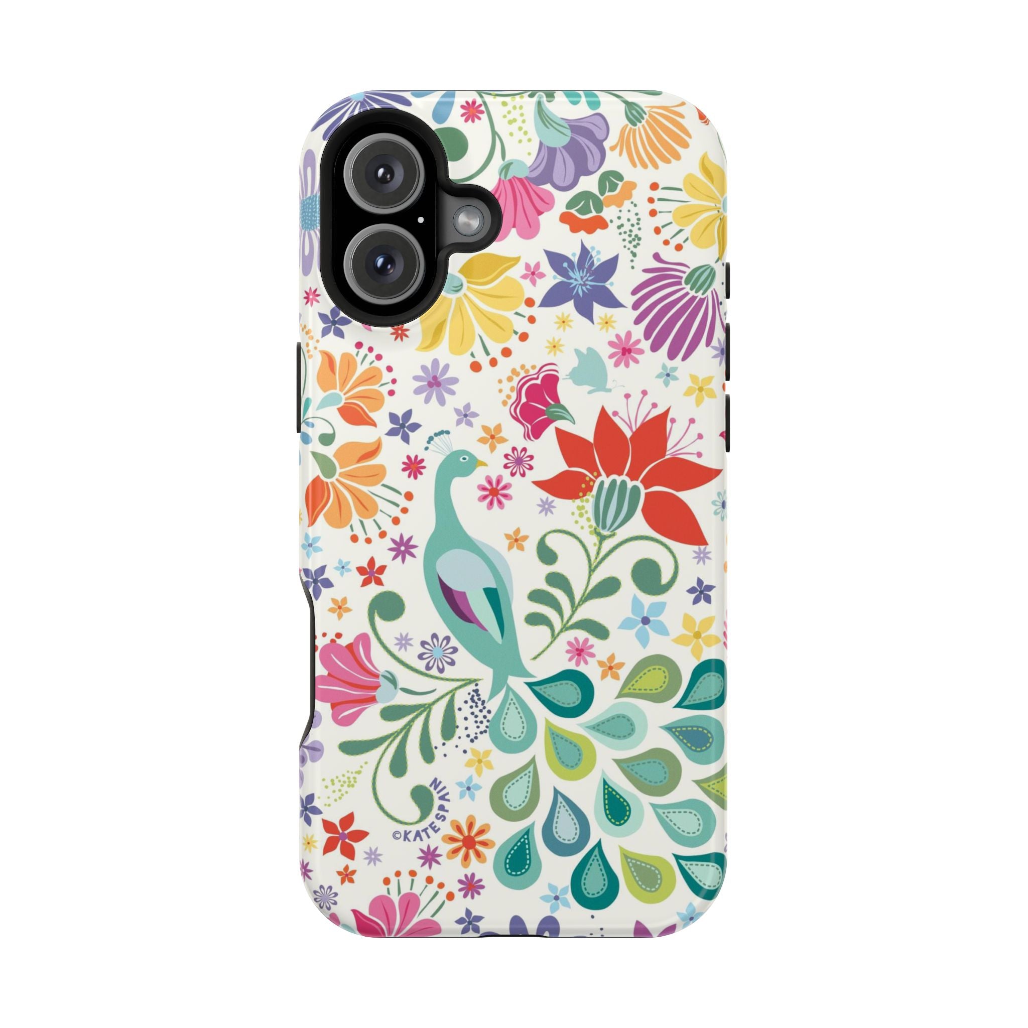 Peacock Sanctuary MagSafe iPhone 16 Plus Case – Glossy | ivory, teal, navy peacock botanical print MagSafe compatible, dual-layer protection