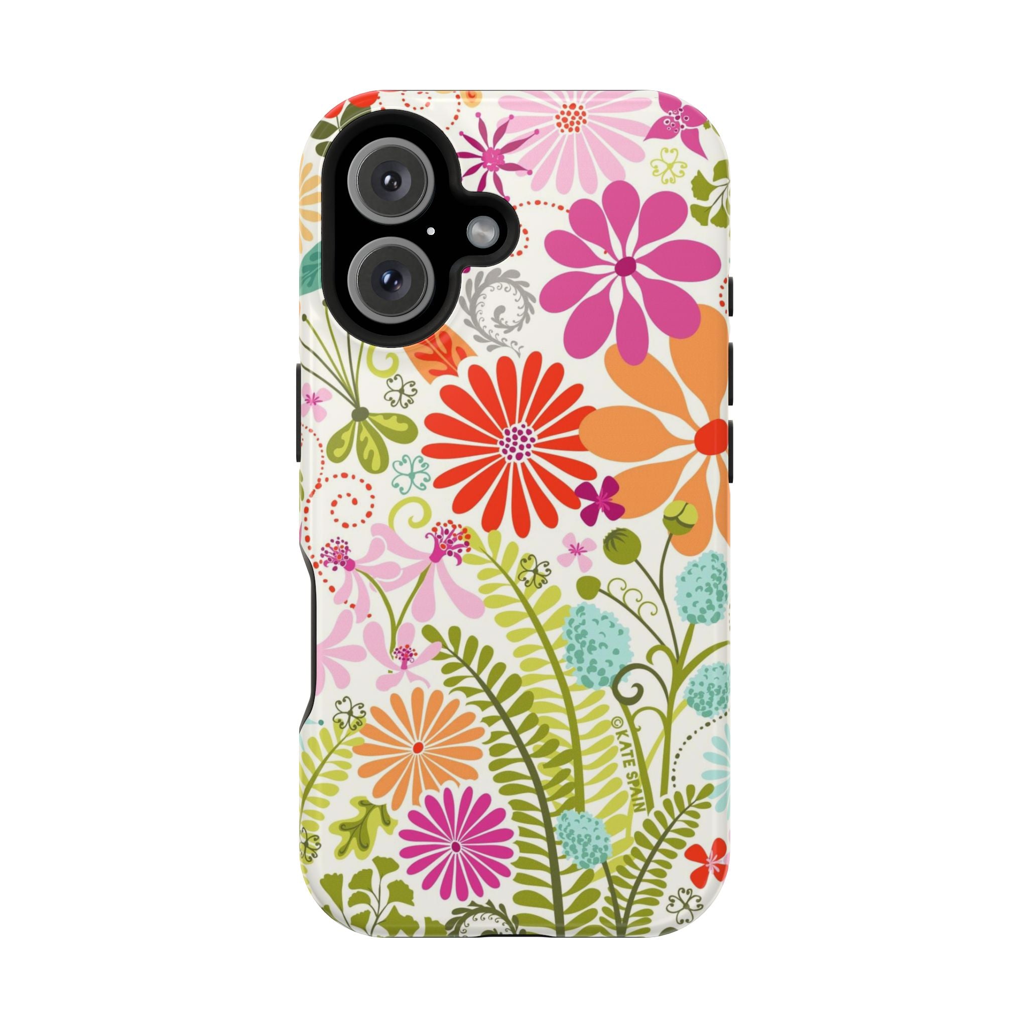 Luxury Terrain MagSafe iPhone 16 Case – Glossy | white, magenta, coral botanical woodland floral print