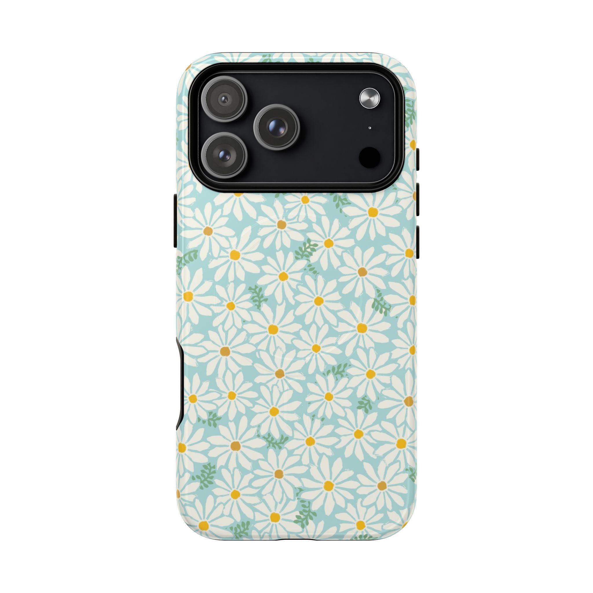 Daisies MagSafe iPhone 17 Pro Max Case – Glossy | sky blue, white daisy print, golden yellow centers, mint green leaves MagSafe compatible, dual-layer protection