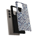 Luxury Ikat Samsung Galaxy S24 Ultra Case – Glossy | shock-absorbing layered construction of case in navy, white, aqua ikat geometric medallion print