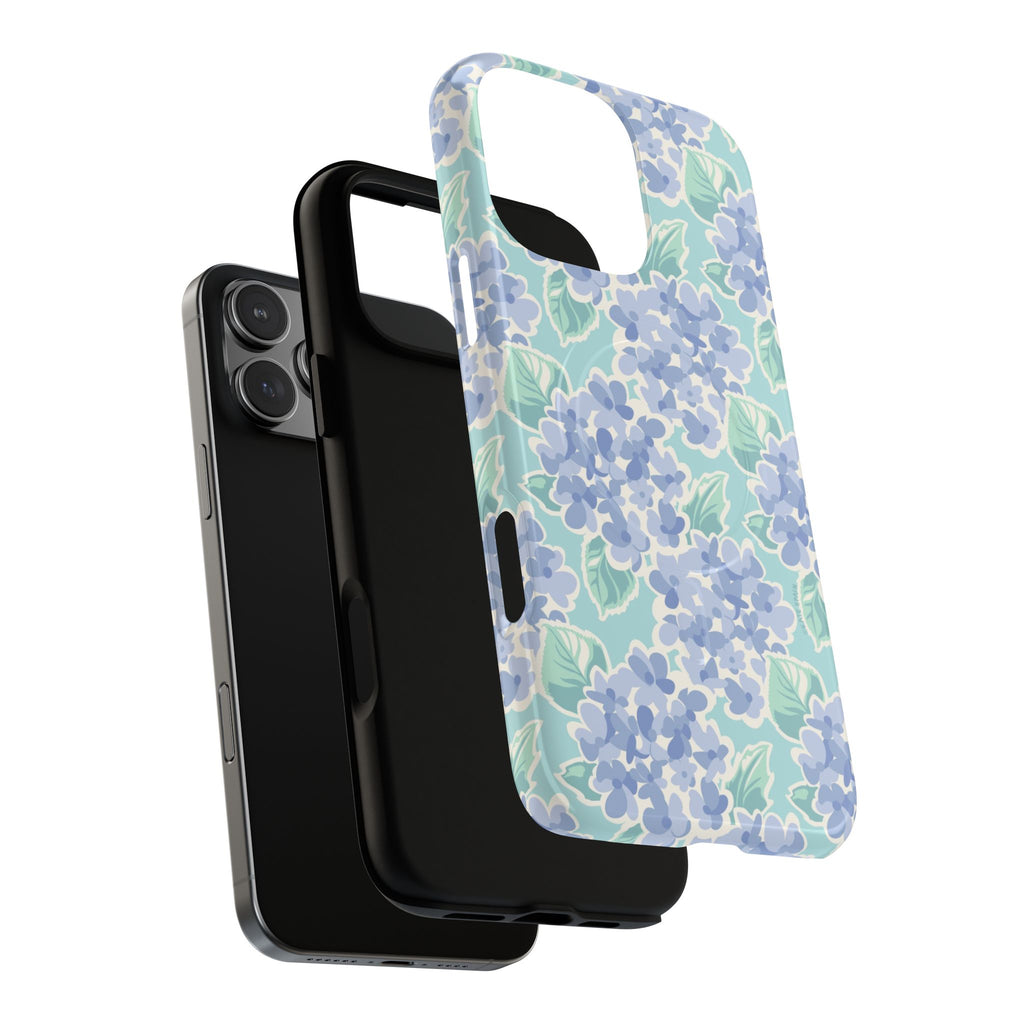 Nantucket Hydrangea MagSafe iPhone Case – lifestyle angled view of dual layer ultimate protection, buttons and camera cutout