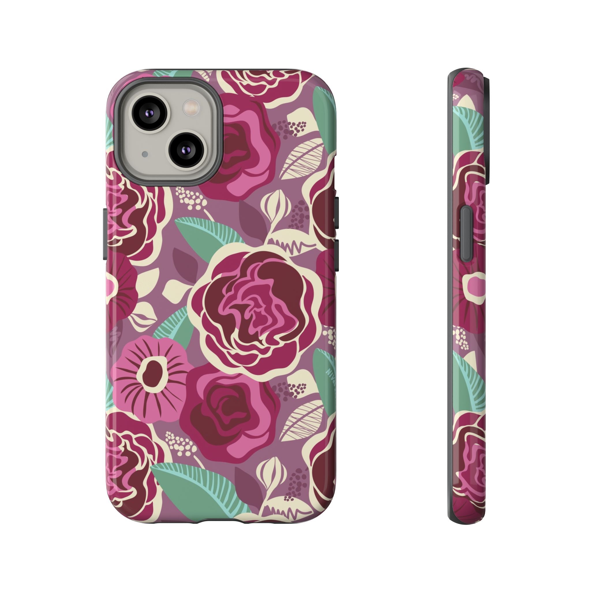 Tea Rose Burgundy Tough iPhone 14 Case – Glossy | burgundy, magenta, plum botanical rose floral print