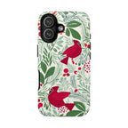 Birds and Berries Tough iPhone 17 Case – Glossy | cream, red, green botanical cardinal berry print