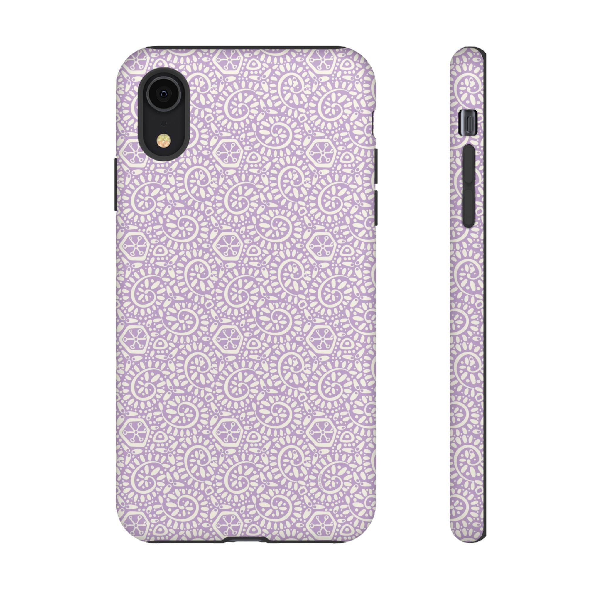Canto Swirls Lavender iPhone XR Matte Case — lavender hard case covered in an intricate folk-art medallion pattern of radiating circular motifs, dot clusters, and geometric centers