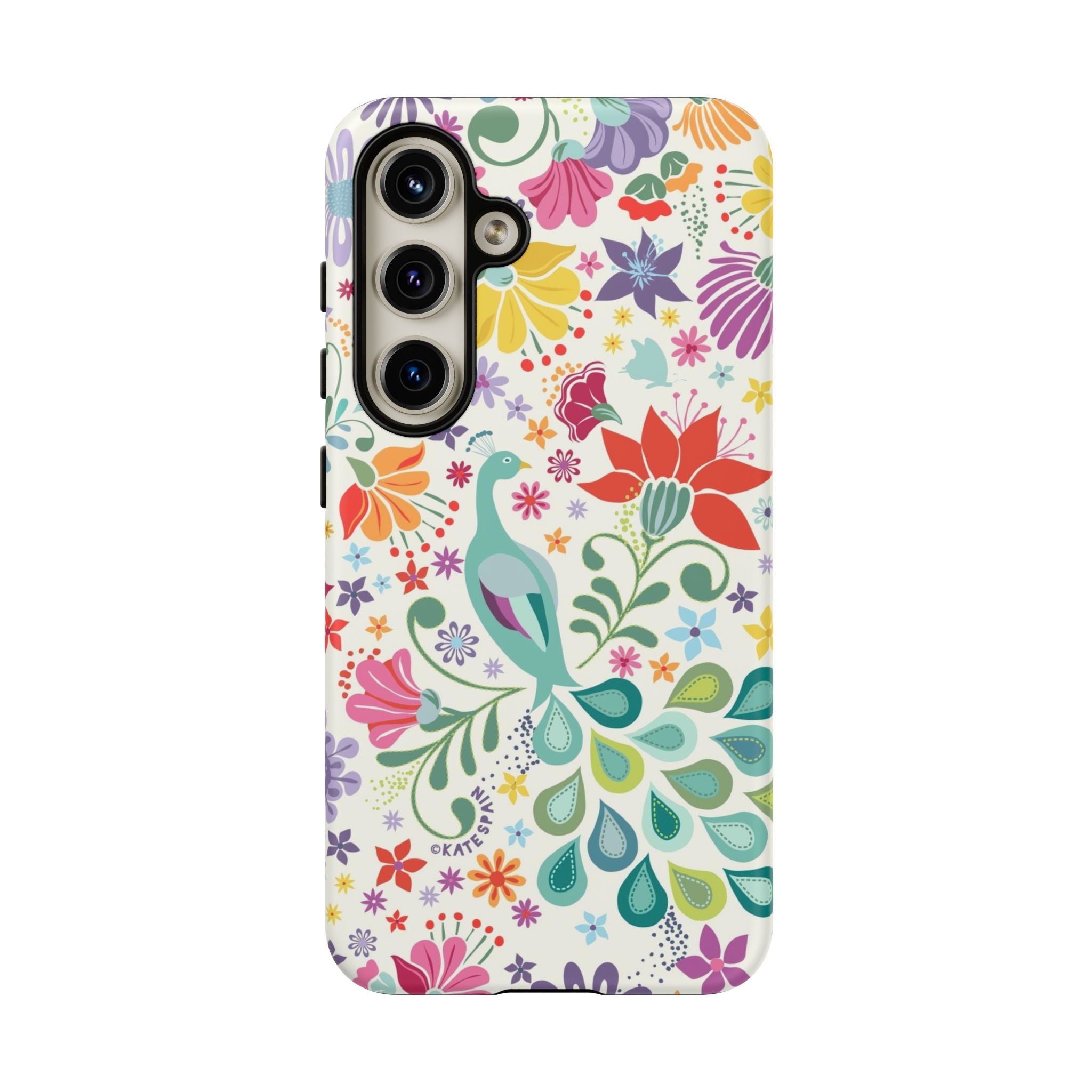 Luxury Peacock Sanctuary Samsung Galaxy S24 Case – Matte | white, teal, coral multicolor vibrant peacock feather botanical print
