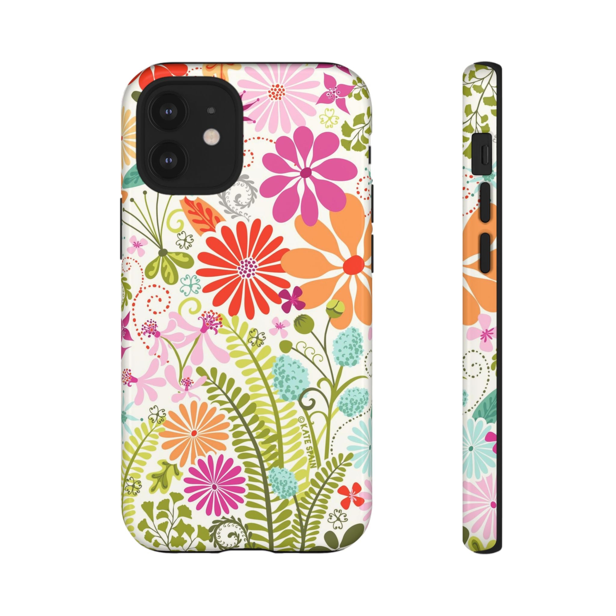 Luxury Terrain Tough iPhone 12 Mini Case – Glossy | white, magenta, coral botanical woodland floral print1