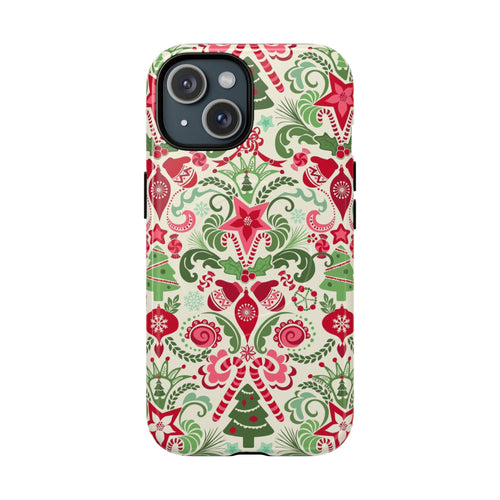Wonderland MagSafe iPhone 15 Case – Glossy | cream, red, and green Christmas holiday medallion print with ornaments, candy canes, trees, and stars