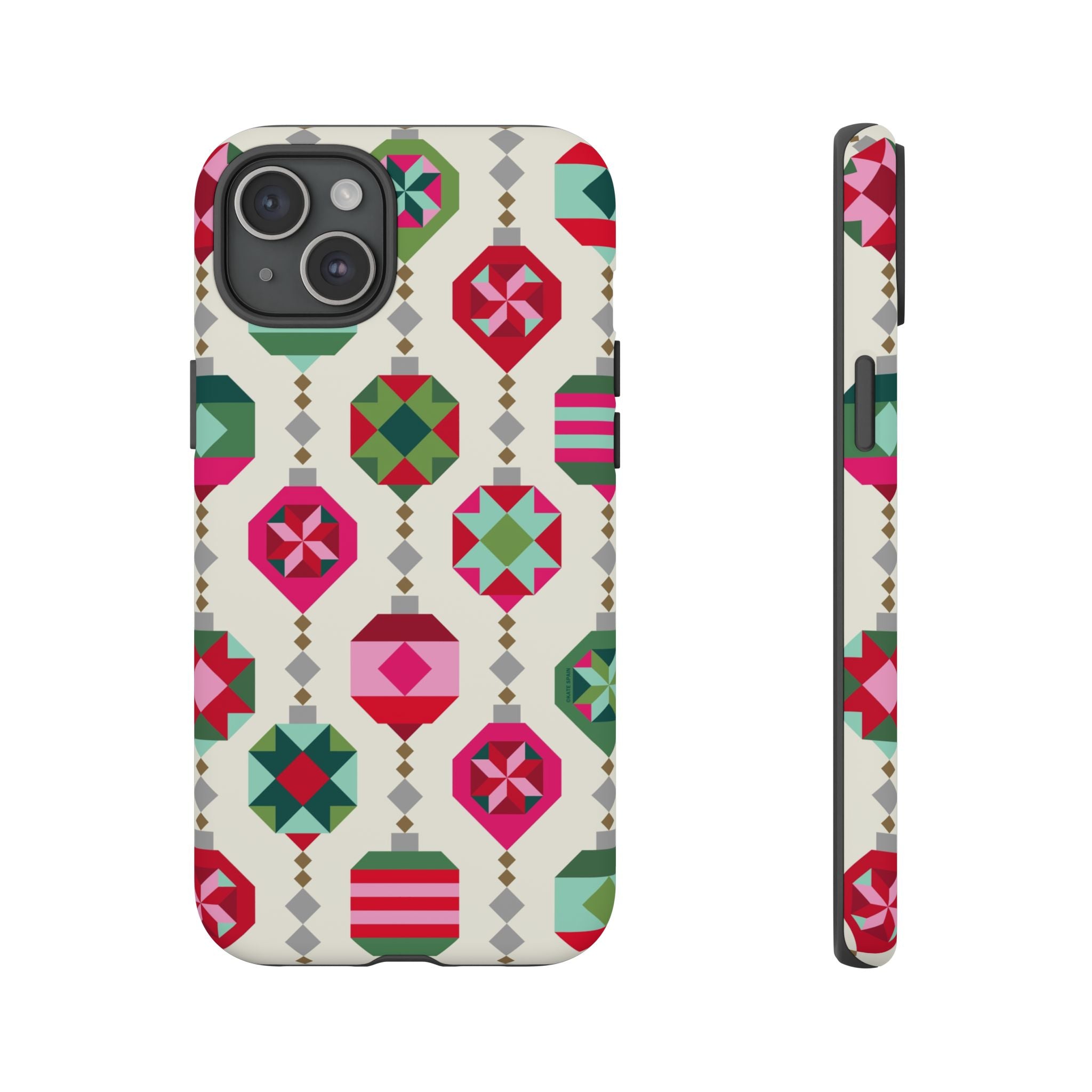 Felicity Ornaments Tough iPhone 15 Plus Case – Matte | cream, red, pink, green, mint geometric quilted ornament print