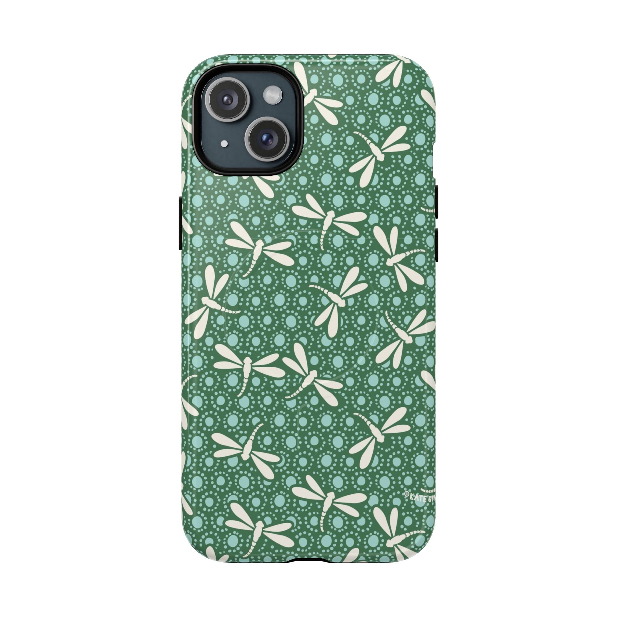 Designer Dragonfly MagSafe iPhone 15 Plus Case – Glossy | jade green, aqua, cream dragonfly print