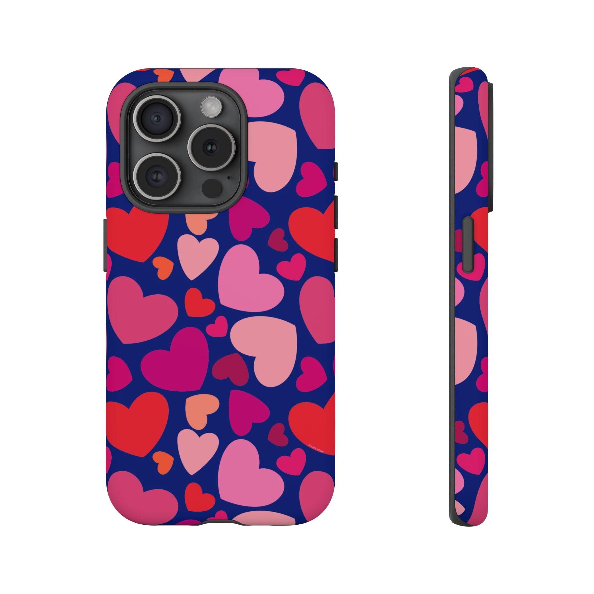 Hearts Tough iPhone 15 Pro Case – Matte | navy, pink, red, coral scattered heart print
