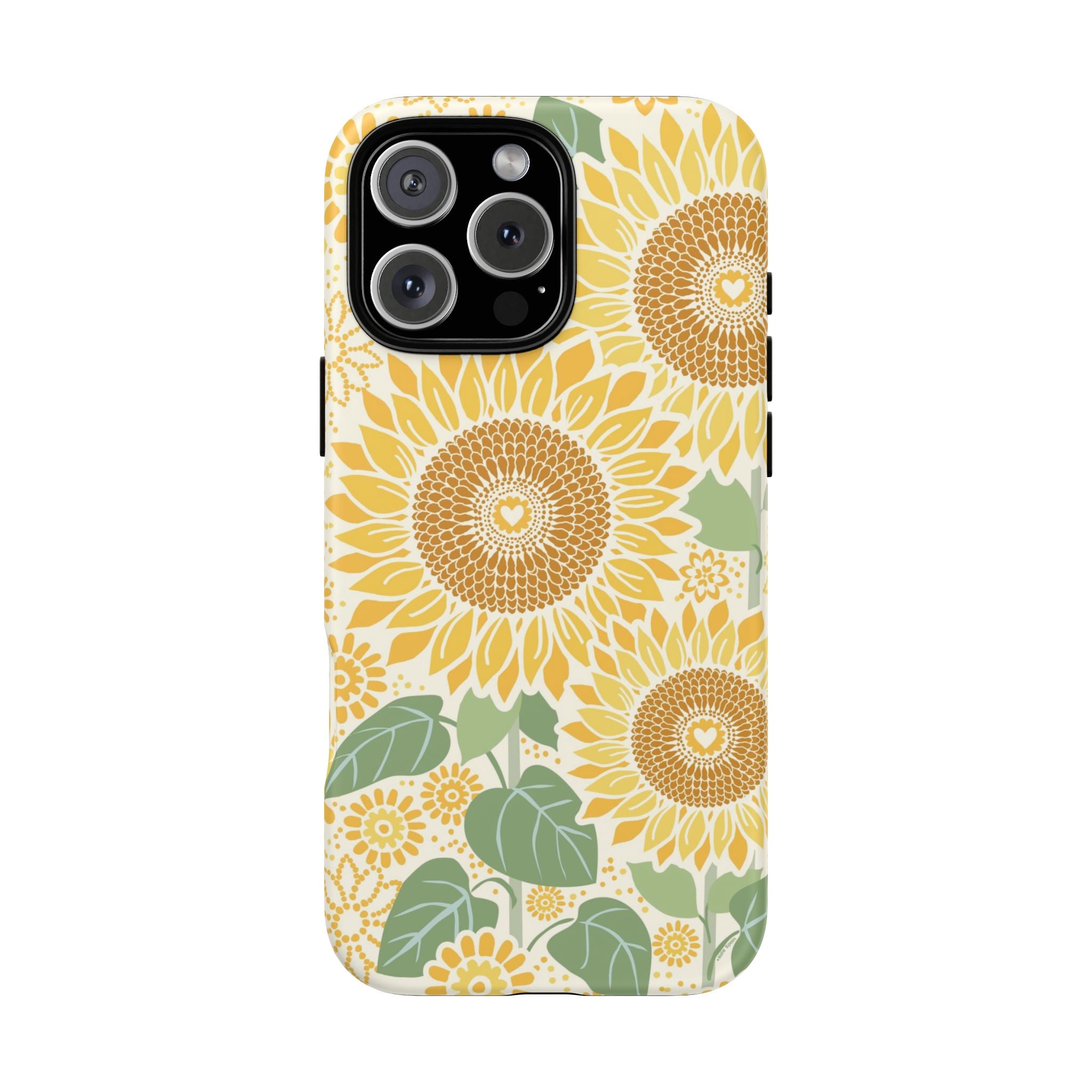 Sunny Sunflower iPhone 16 Pro Max case – Matte | cream ground, large-scale yellow sunflower print, golden seed detail with heart centers, dual-layer protection