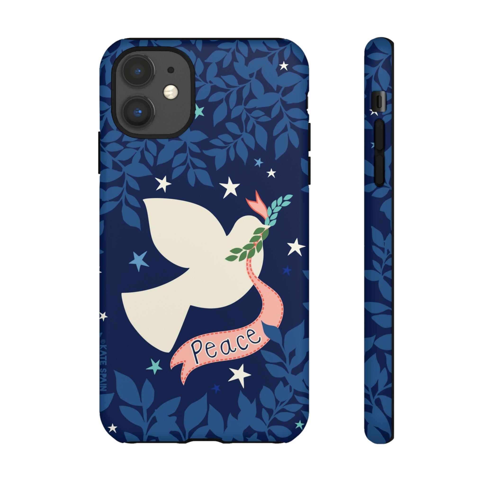 Peace Tough iPhone 11 Case – Matte | navy, cream peace dove, stars, botanical print
