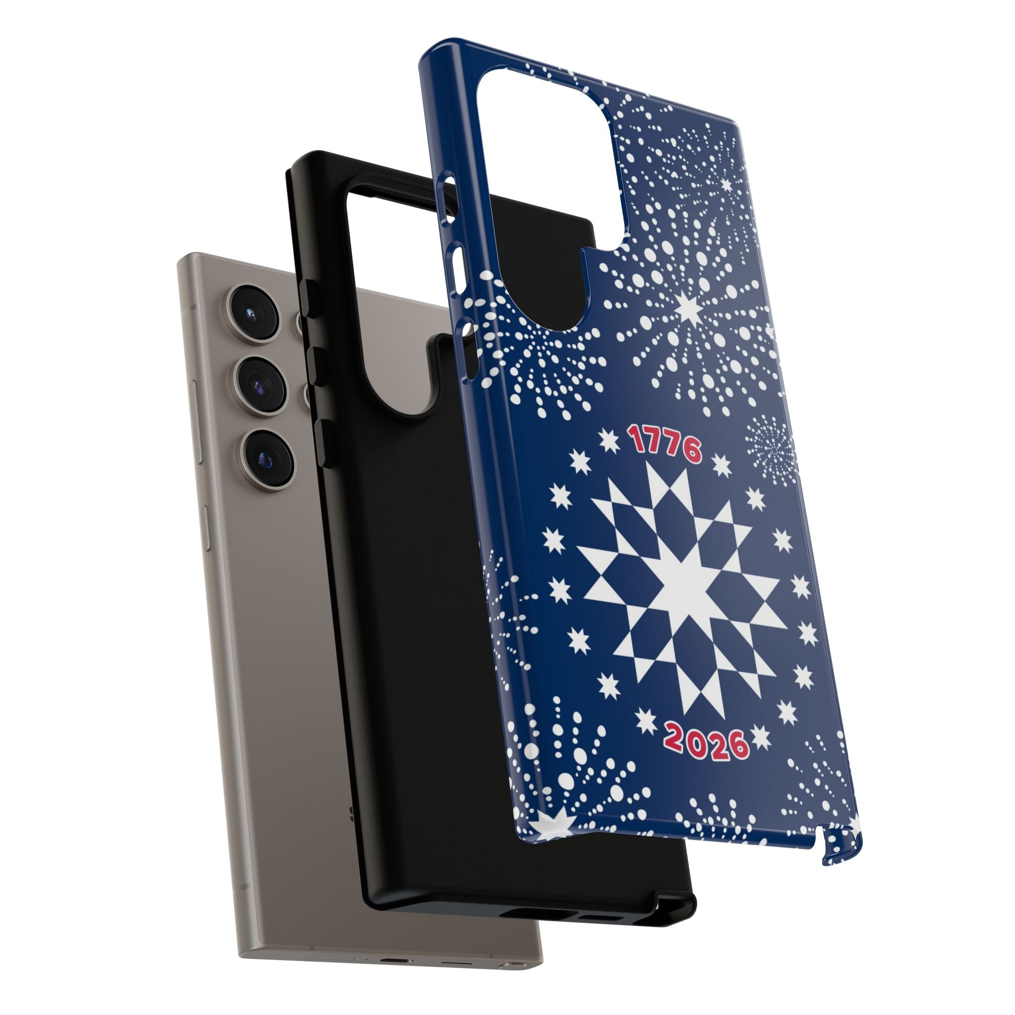 250th Fireworks Samsung Galaxy S24 Ultra Case – blowout view of dual-layered shock-absorbing case in navy, white patriotic star quilt fireworks print