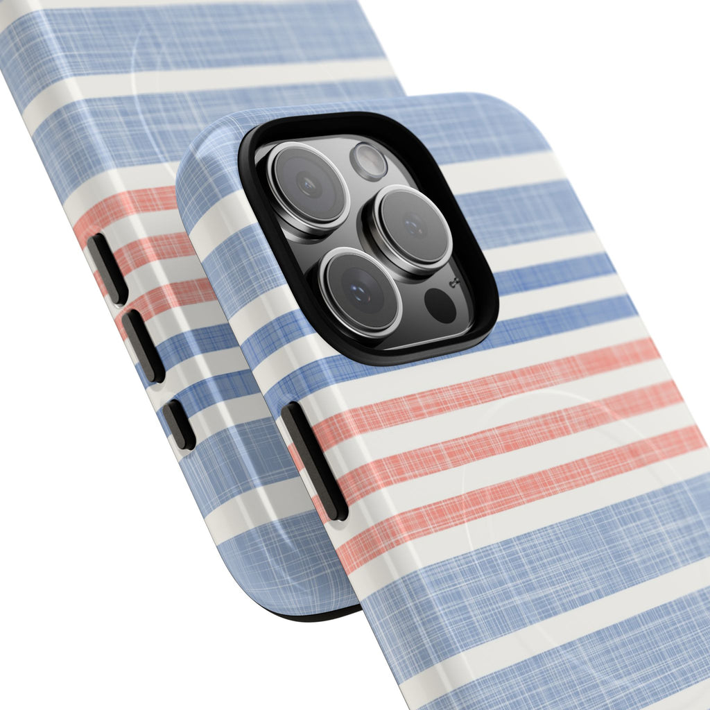 Cabana Stripe Pastel MagSafe iPhone 16 Pro Max Case – Glossy angled view closeup of camera cutout and buttons | soft blue, coral, sage green chambray-textured stripe print MagSafe compatible, dual-layer protection