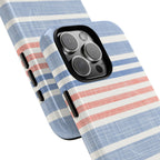 Cabana Stripe Pastel MagSafe iPhone 16 Pro Max Case – Glossy angled view closeup of camera cutout and buttons | soft blue, coral, sage green chambray-textured stripe print MagSafe compatible, dual-layer protection