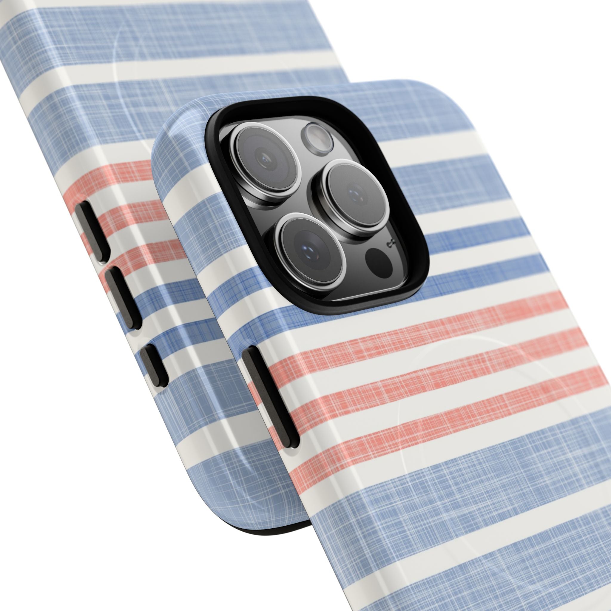 Cabana Stripe Pastel MagSafe iPhone 16 Pro Max Case – Glossy angled view closeup of camera cutout and buttons | soft blue, coral, sage green chambray-textured stripe print MagSafe compatible, dual-layer protection